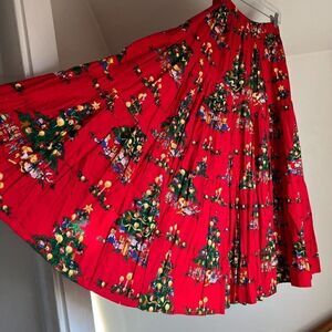 Vintage Christmas Broom Skirt Novelty Print Tree Red Green Festive‎ Party Maxi